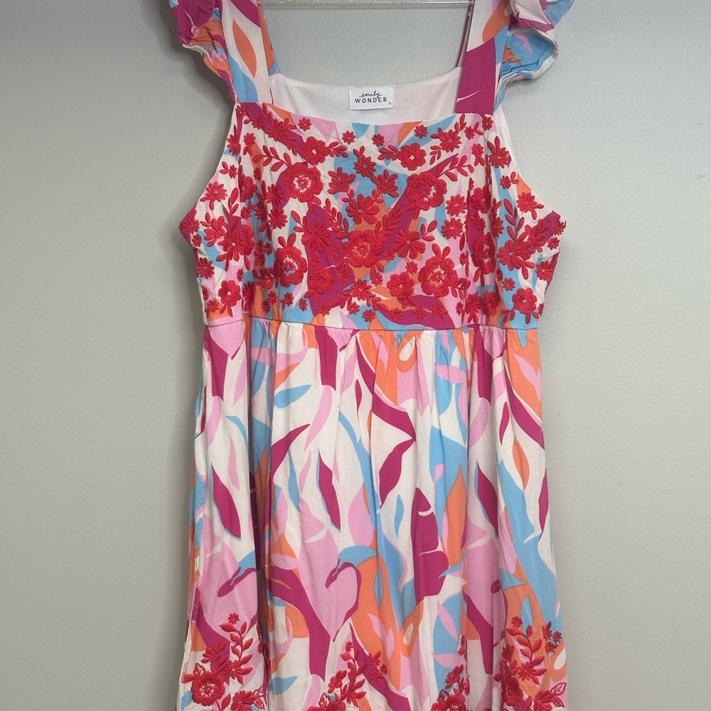 Emily Wonder Red Pink blue Floral Dress size large ruffle sleeve